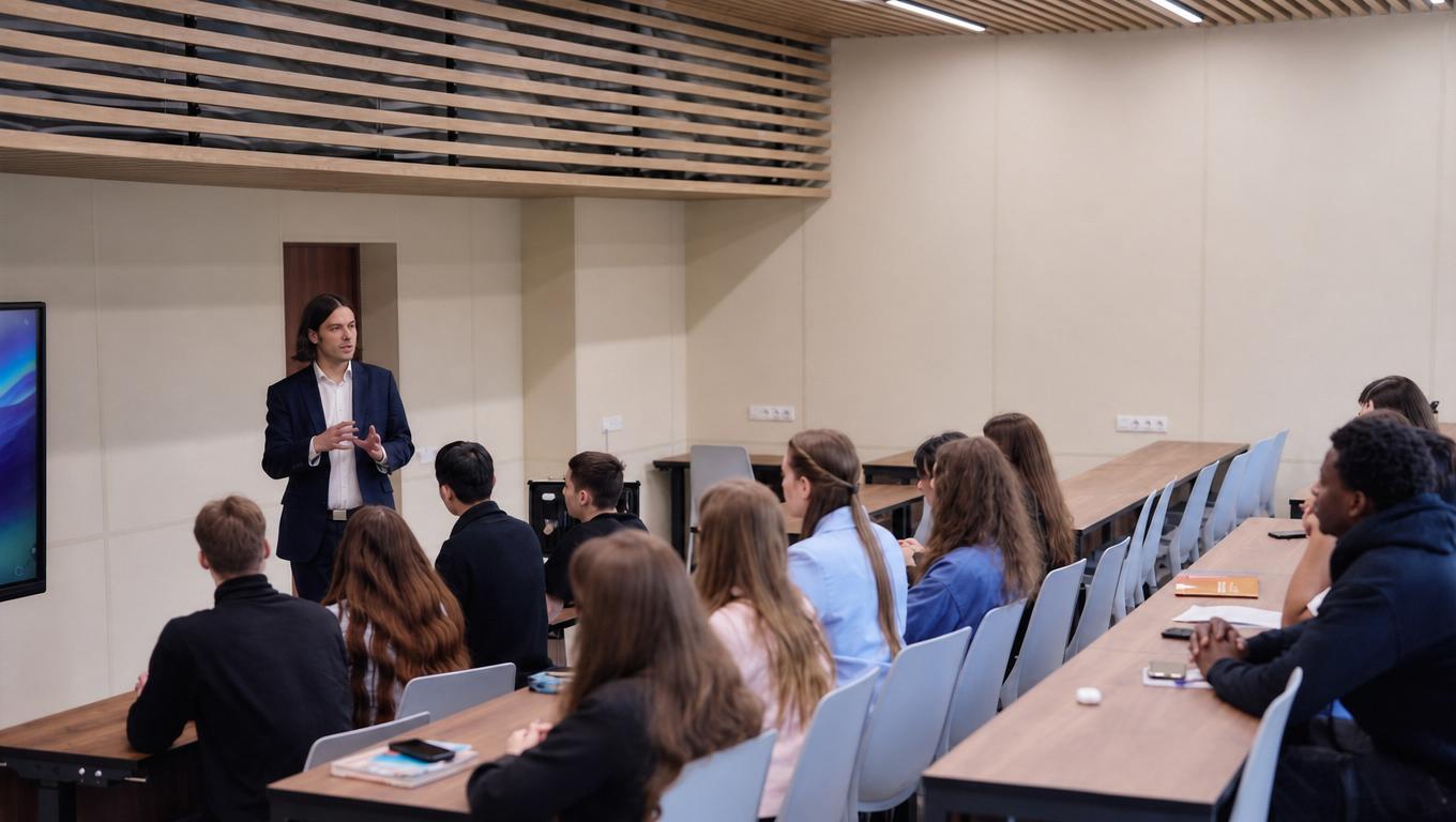 На баннере Преподаватель проводит лекцию в современной аудитории, а студенты внимательно слушают и участвуют в обсуждении