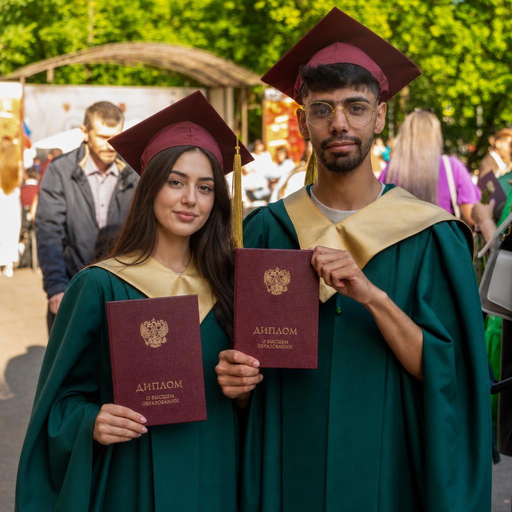 На изображении Выпускники в академических мантиях и конфедератках держат дипломы о высшем образовании на церемонии вручения дипломов на открытом воздухе