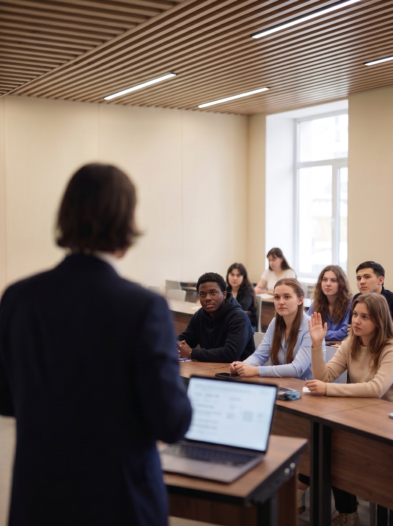 На изображении Преподаватель проводит занятие в аудитории, студенты внимательно слушают лекцию, одна из студенток поднимает руку для ответа на вопрос.